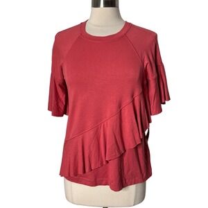 Fever Coral Red Asymmetrical Ruffle Tiered Sleeve Top Womens Size Small NEW